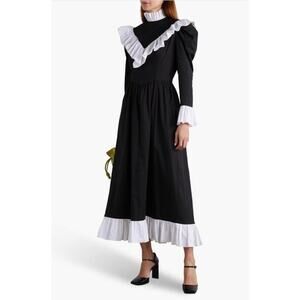 Batsheva Carol Black Ruffled Cotton Poplin Long Sleeve Modest Midi Dress Size 2